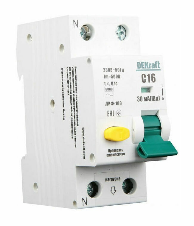 Дифавтомат DEKraft ДИФ-103 1P+N 16А 6 кА, 10 мА ( AC ), 16200DEK
